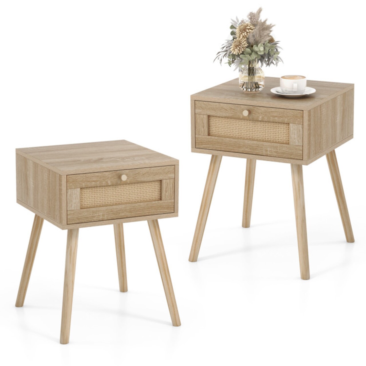 Set of 2 Natural Wood Nightstand with Rattan Storage Drawer Boho Design for Bedroom Decor
